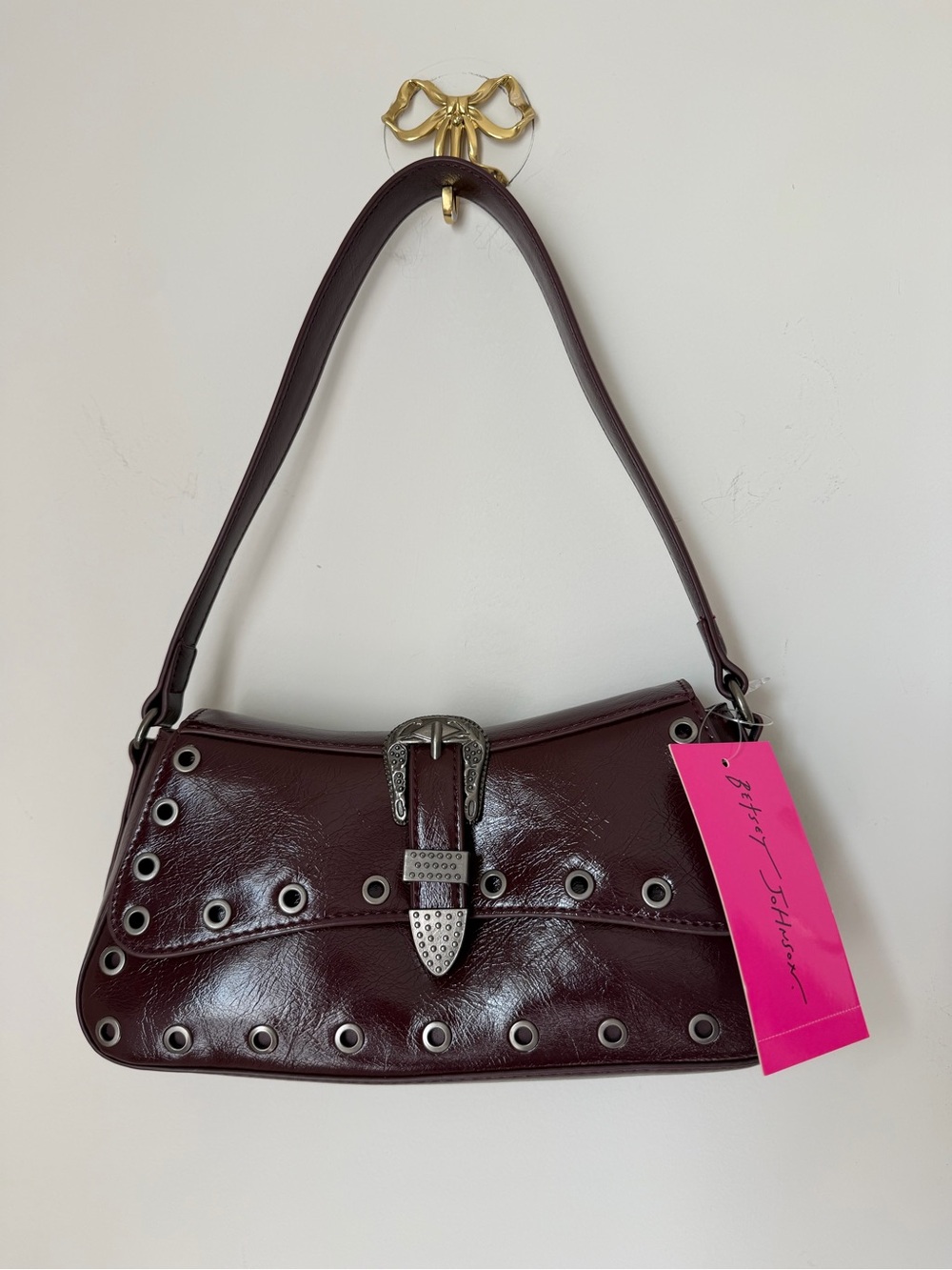 Betsey Johnson cherry red leather Shoulder Bag with silver Grommet